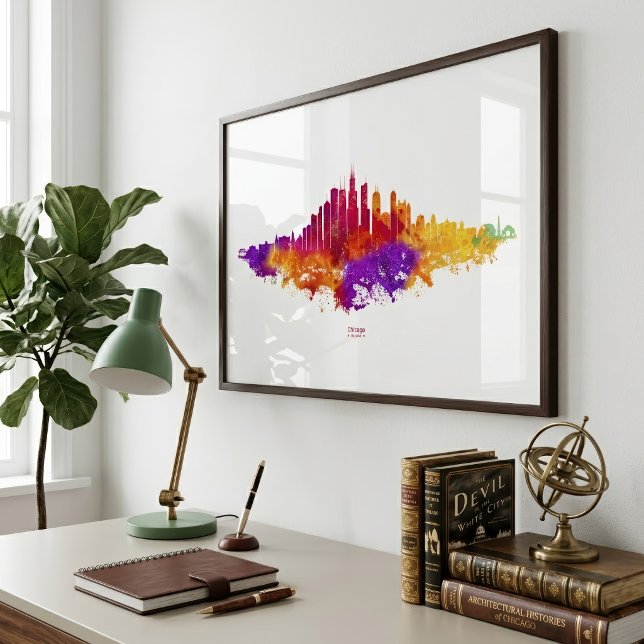 Chicago City Skyline Watercolor på White Fototryck (Chicago Skyline Watercolor Art on White Background. Photo Print)