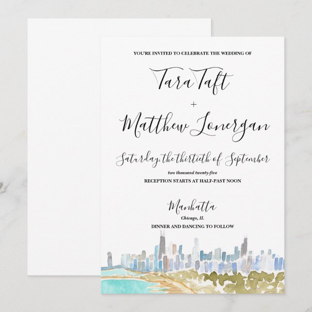 Chicago City Skyline Watercolor Wedding Invitation Inbjudningar (Fram/baksida)
