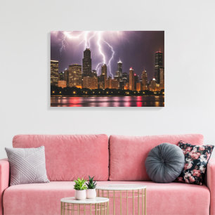 Chicago City Skyscrapers With Lightning Canvastryck