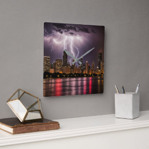 Chicago City Skyscrapers With Lightning Fyrkantig Klocka