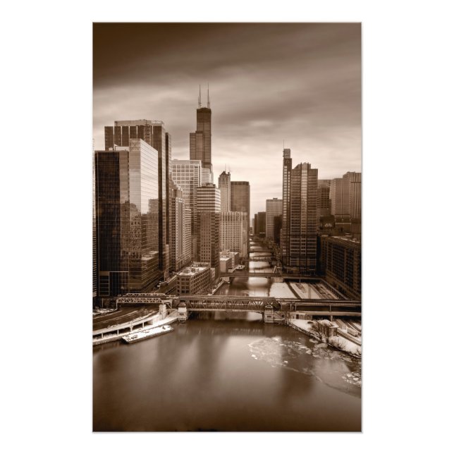 Chicago City View Aftermiddag BW Fototryck (Framsidan)