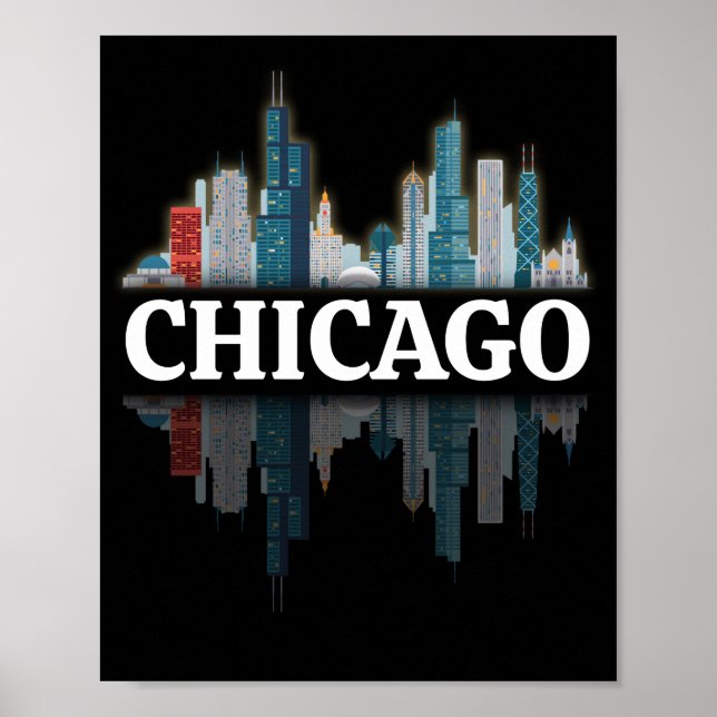 Chicago Citys Siluett Ljussättning På Natt Poster (Framsidan)