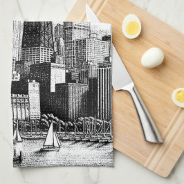 Chicago Cityscape Black White Kökshandduk