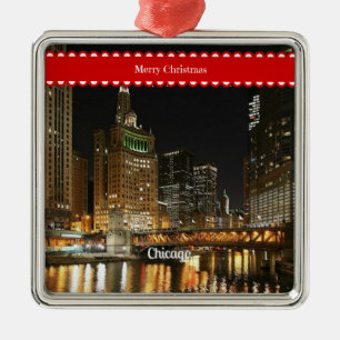 Chicago cityscape, julhälsningar, julgransprydnad metall