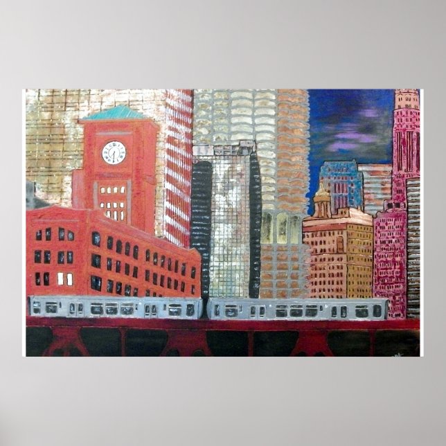 Chicago Cityscape med El Tåg Poster (Framsidan)