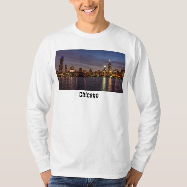 Chicago Cityscape Night Långärmad T-Shirt (Framsida)