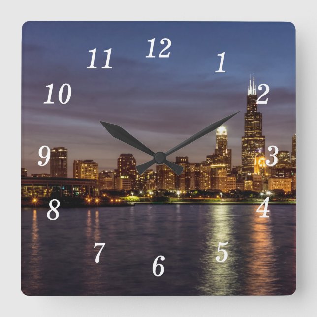 Chicago Cityscape Night New Wall Clock Fyrkantig Klocka (Framsida)