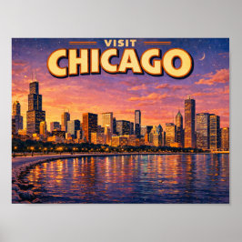 Chicago citysiluett och Lake Michigan på kvällen Poster