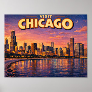 Chicago citysiluett och Lake Michigan på kvällen Poster