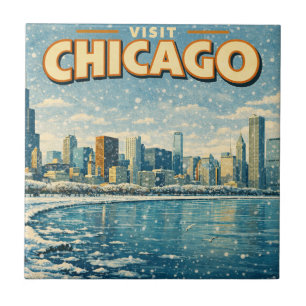 Chicago citysiluett och Lake Michigan på vintern Kakelplatta