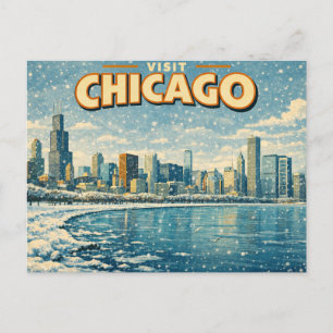 Chicago citysiluett och Lake Michigan på vintern Vykort