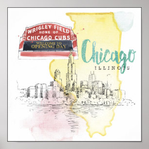 Chicago den Illinois vattenfärgen skissar Poster