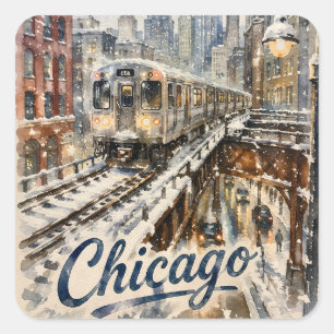 Chicago El-tåg i vintersnö Fyrkantigt Klistermärke