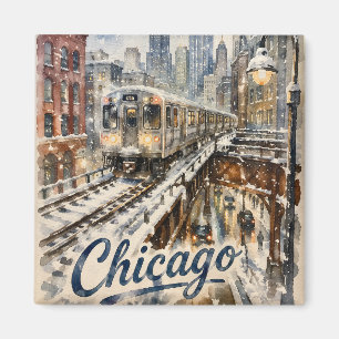 Chicago El-tåg i vintersnö Magnet