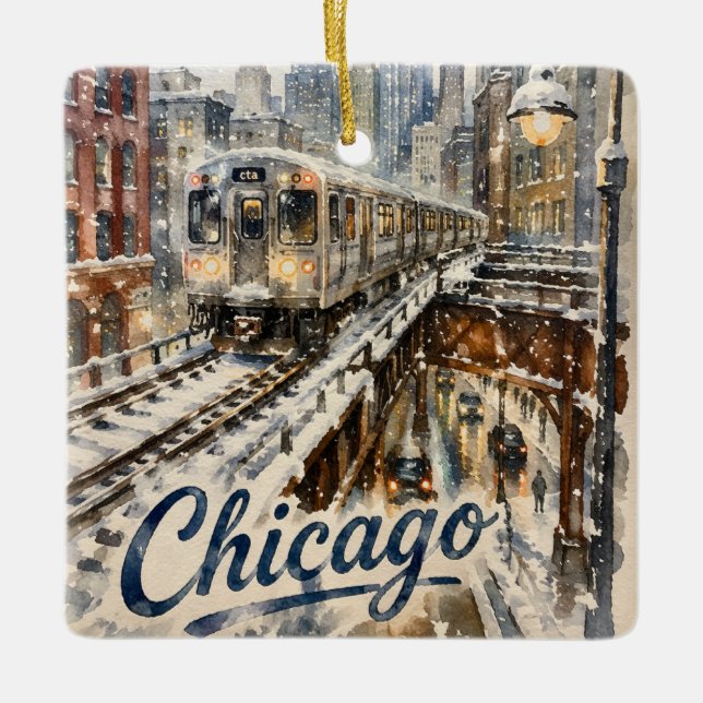Chicago El Train in the Winter Snow Julgransprydnad Keramik (Framsida)