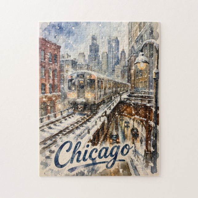 Chicago El Train in the Winter Snow Pussel (Vertikal)
