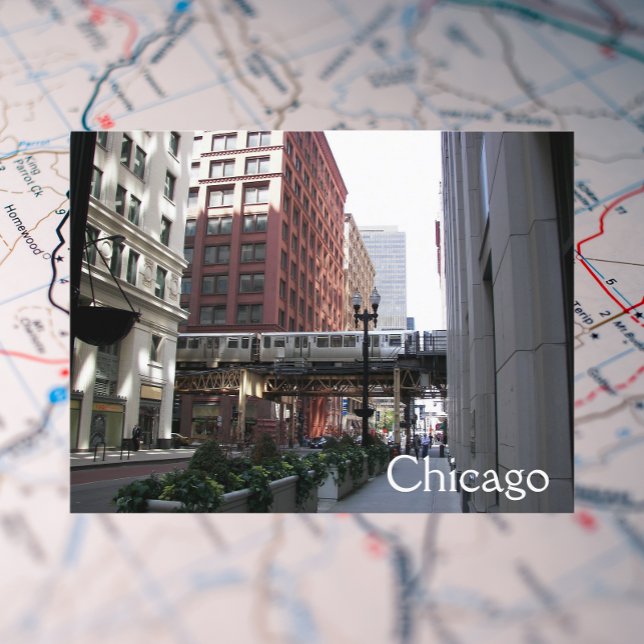 Chicago Elevated Loop Tåg Travel Photo Vykort (In Situ Map)
