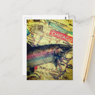 Chicago Fish Map Blandad Media Collage Vykort