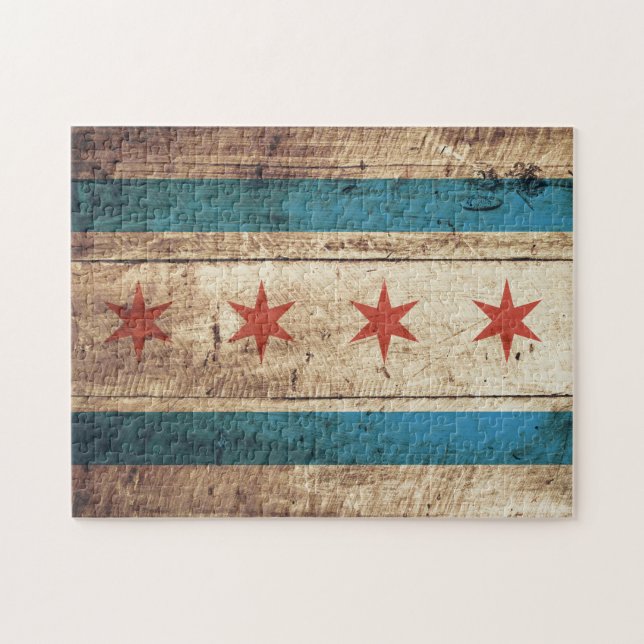 Chicago flagga på gammalt Wood korn Pussel (Horisontell)