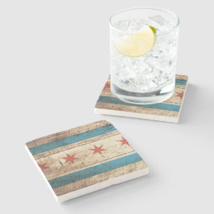 Chicago flagga på gammalt Wood korn Underlägg Sten