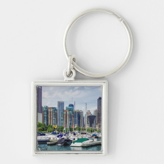 Chicago Harbour Fyrkantig Silverfärgad Nyckelring (Framsidan)