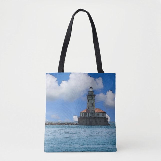 Chicago Harbour Lighthouse Painterly Tote Bag Tygkasse (Framsida)