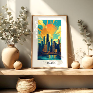 Chicago Himmelens Siluett Solnedgång Poster