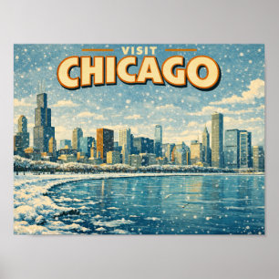 Chicago horisont och Lake Michigan på vintern Poster
