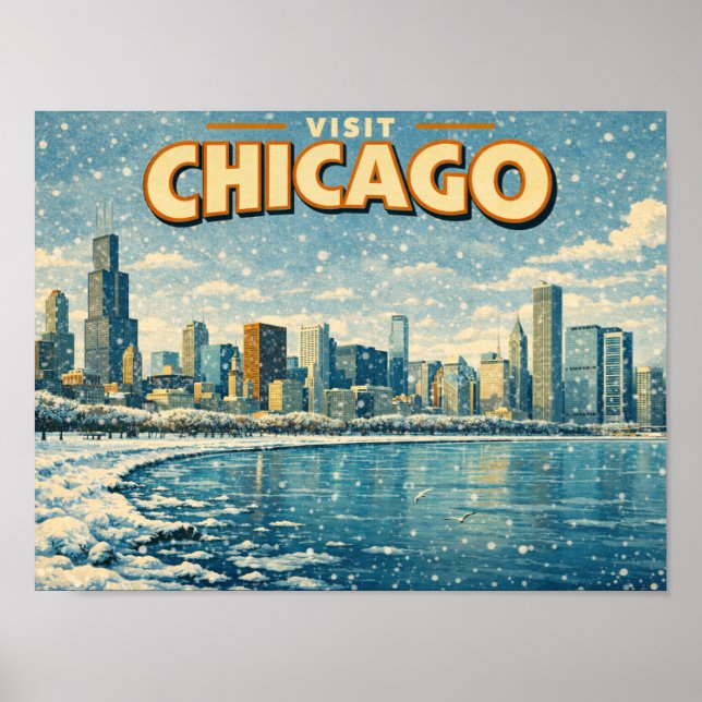 Chicago horisont och Lake Michigan på vintern  Poster (Framsidan)
