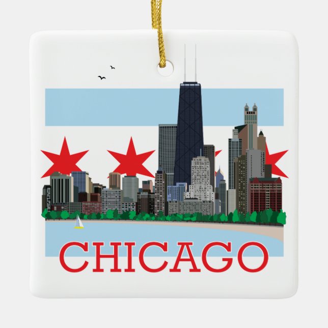 Chicago horisont- och stadsflagga julgransprydnad keramik (Framsida)