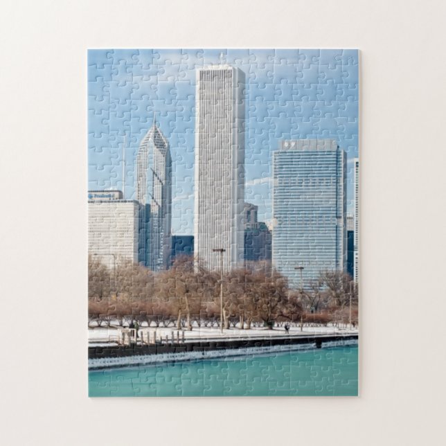 Chicago horisont över djupfryst Lake Michigan Pussel (Vertikal)