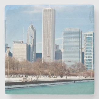 Chicago horisont över djupfryst Lake Michigan Stenunderlägg