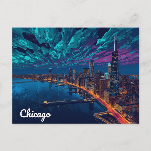 Chicago-horisonten vid skymning vykort (Framsida)