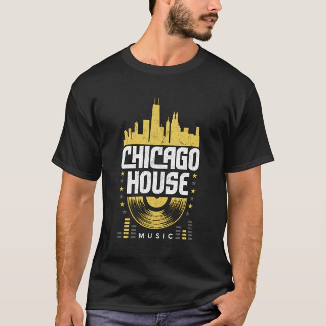 Chicago House Music Vinyl Dj Raver Flagga Skyline T Shirt (Framsida)
