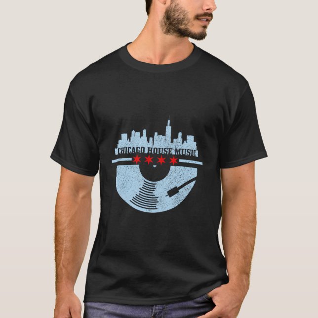 Chicago House Music Vinyl Dj Raver Flagga Skyline T Shirt (Framsida)