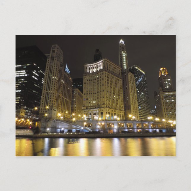 Chicago i närheten av Chicagofloden i Night Vykort (Framsida)