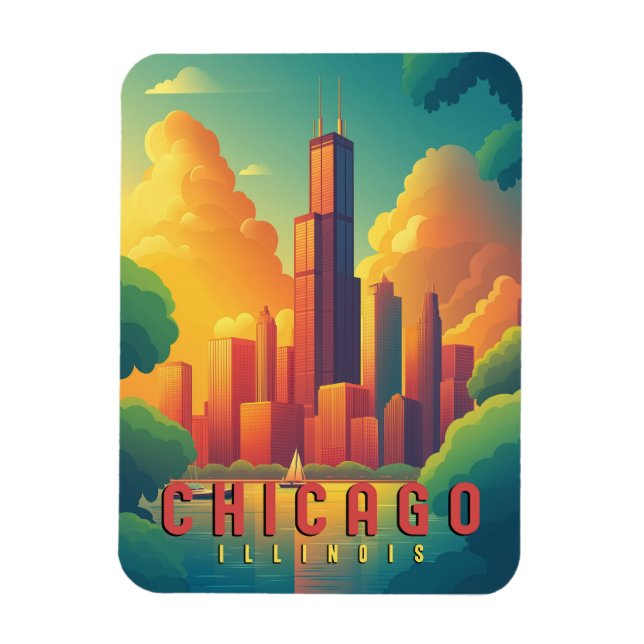 Chicago Iconic Skyline & Sjö Michigan Magnet (Vertikal)