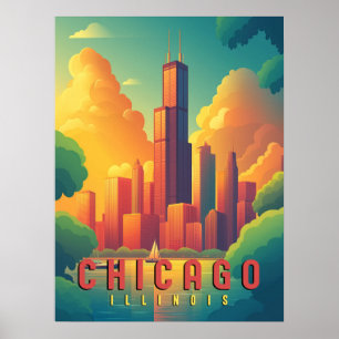 Chicago Iconic Skyline & Sjö Michigan Poster