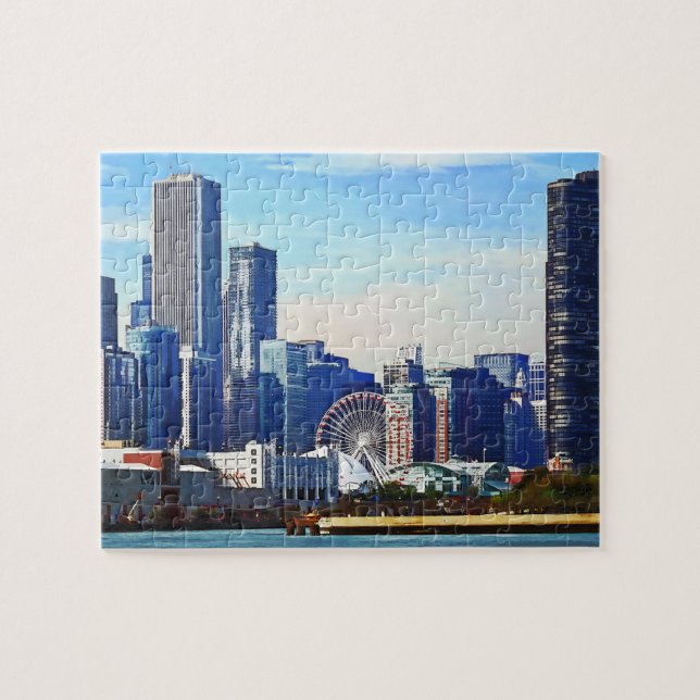 Chicago IL - Chicago Skyline och Navy Pier Pussel (Horisontell)