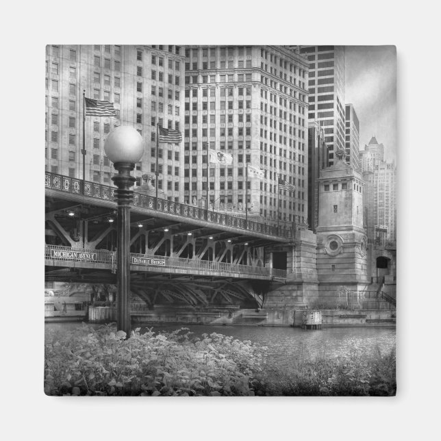 Chicago, IL - DuSable Bridge byggt 1920 - BW Magnet (Framsidan)