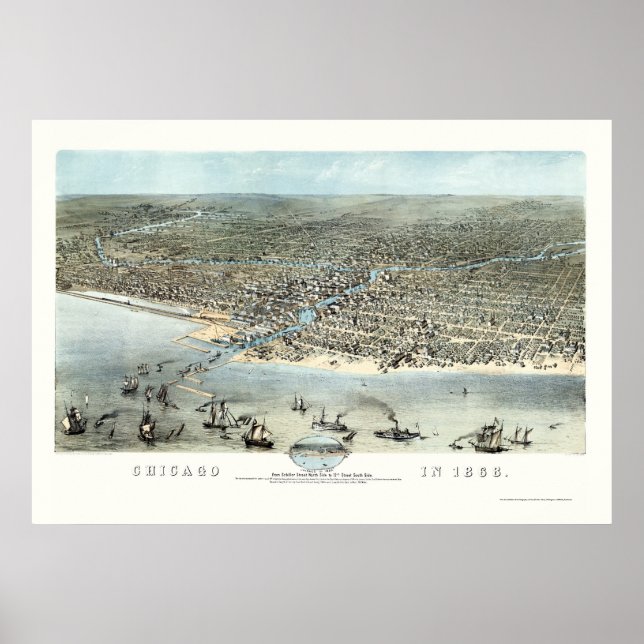 Chicago, IL Panoramic Karta - 1868 Poster (Framsidan)