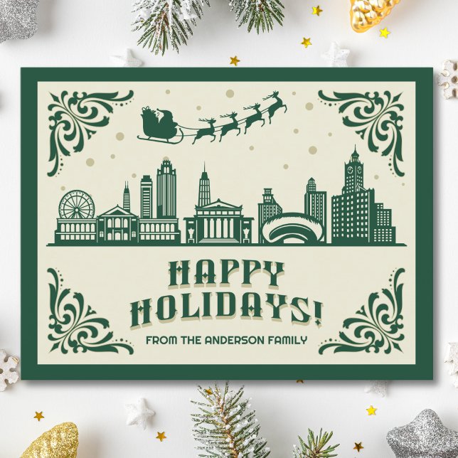 Chicago, IL Skyline Glad helg (Happy Holidays Chicago, IL skyline cityscape christmas postcard customizable real estate Santa )