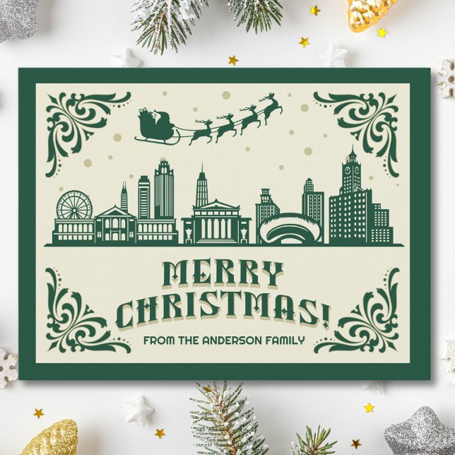 Chicago, IL Skyline jul Helgdag Postcard Helg Vykort (Chicago, IL skyline christmas card green modern merry christmas postcard with custom details)