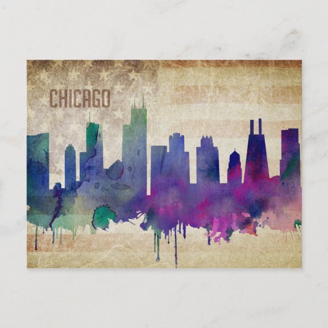 Chicago, IL | Watercolor City Skyline Vykort (Framsida)