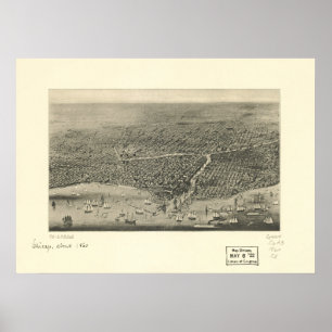 Chicago Illinois 1860 Antique Panoramic Karta Poster