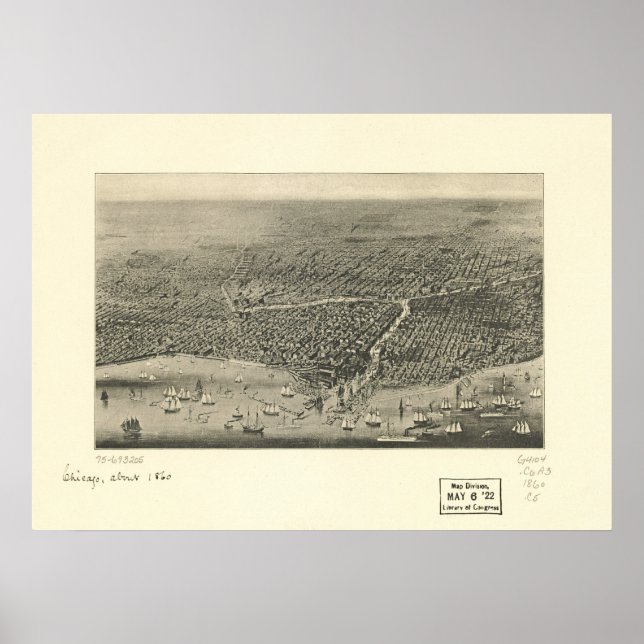 Chicago Illinois 1860 Antique Panoramic Karta Poster (Framsidan)