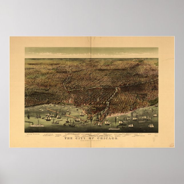 Chicago Illinois 1892 Antique Panoramic Karta Poster (Framsidan)