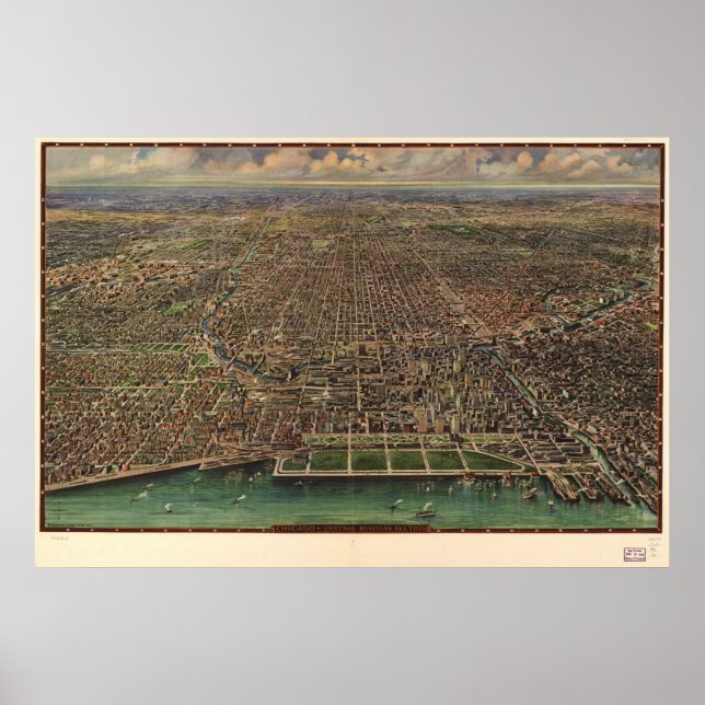 Chicago Illinois 1916 Antique Panoramic Karta Poster (Framsidan)