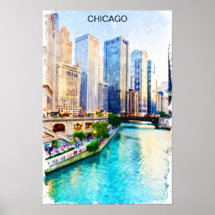 Chicago Illinois Akvarell Stadsvy Poster