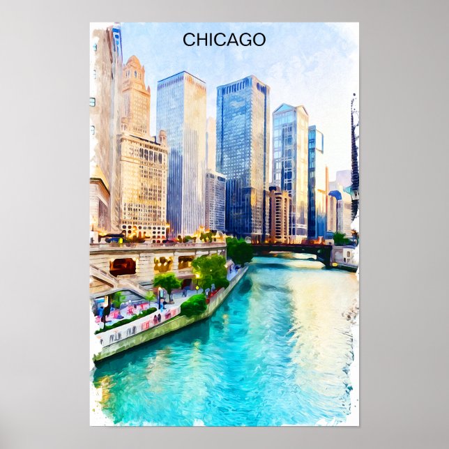 Chicago Illinois Akvarell Stadsvy Poster (Framsidan)